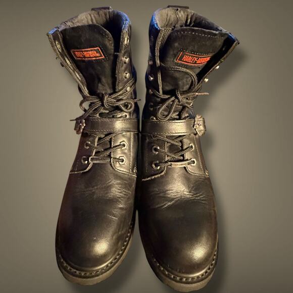 Men\'s 10 HARLEY DAVIDSON FADED GLORY Black Leather Harness Boots Silver Trim EUC main image 6